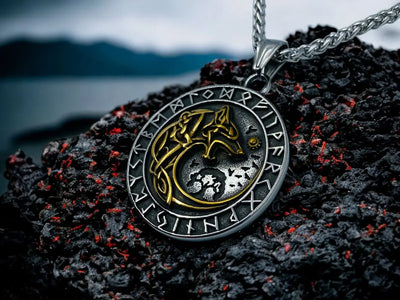 Collier Loup avec runes, arbre de vie et Ægishjálmur - Vikingart